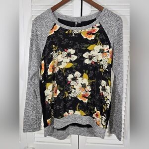 Kut From The Kloth Benter Mixed Material Long Sleeve Black Floral Scoop Top Sz L